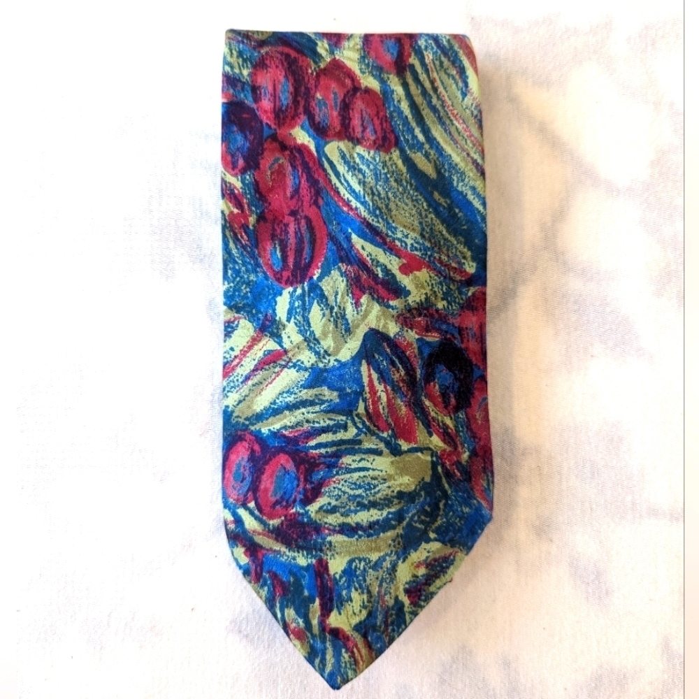 Marco Visconti blue pink green fruit and leaf print silk tie Corporate Office